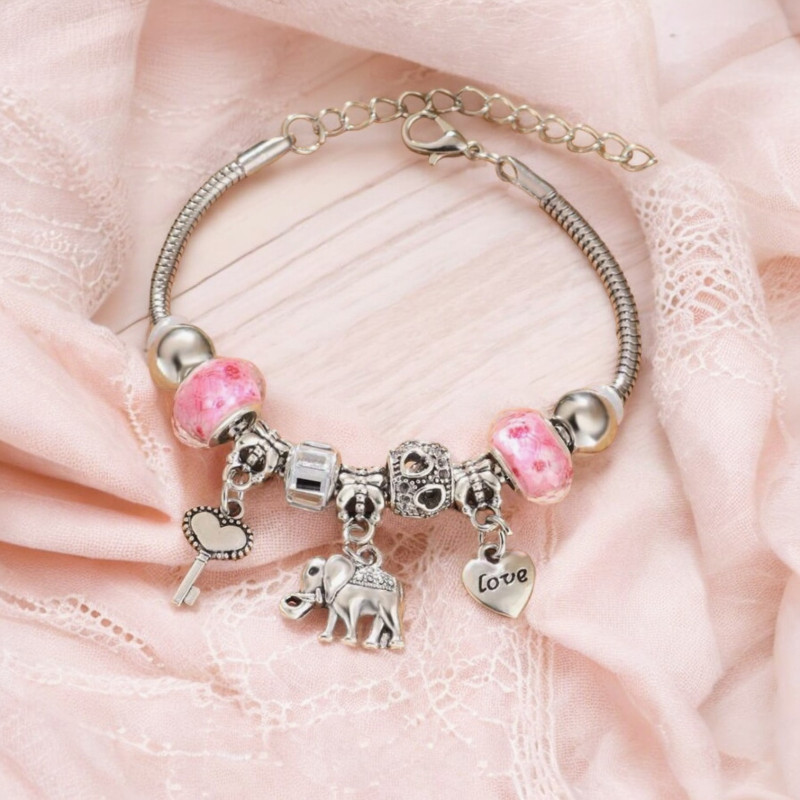 Bracelet charms éléphant rose