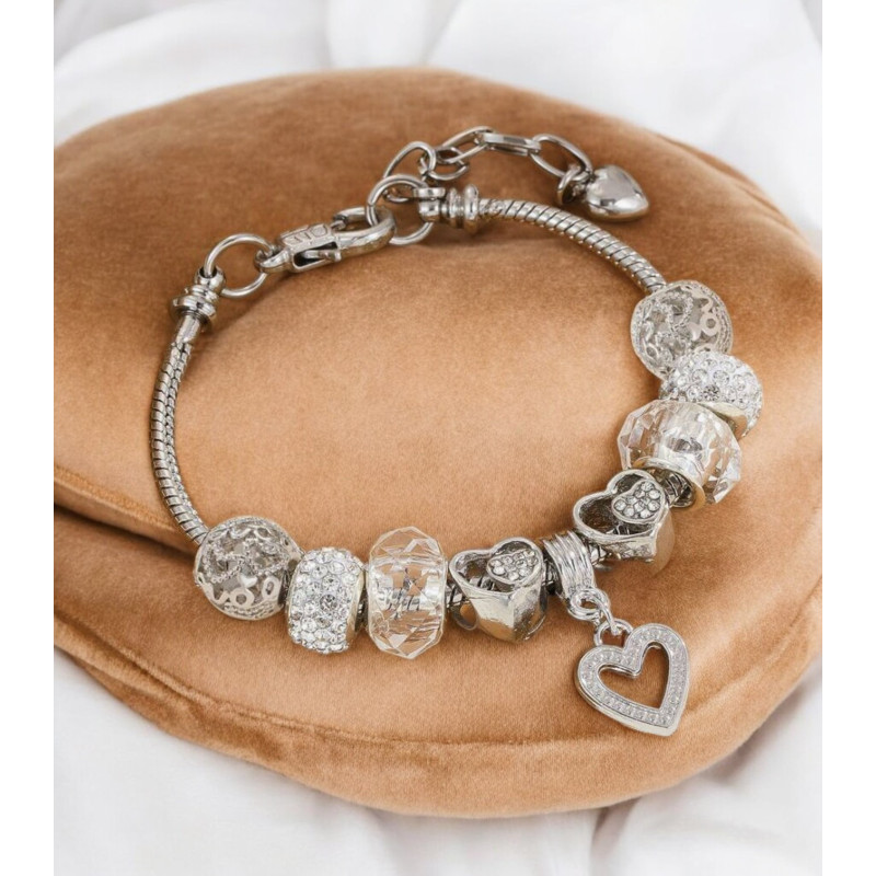 Bracelet argenté charms perles et coeur