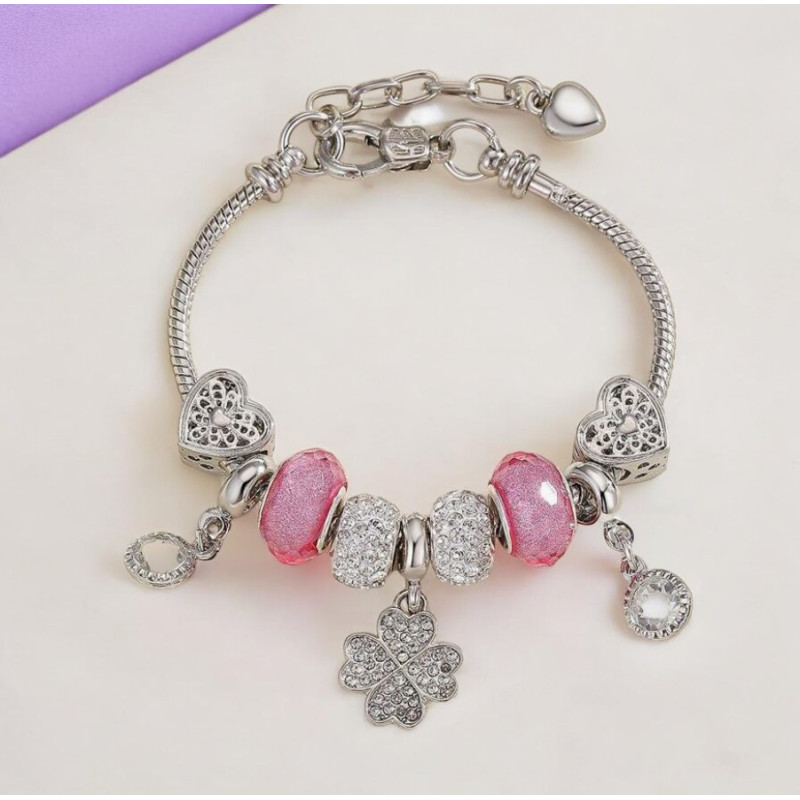 Bracelet argenté charms trèfle rose