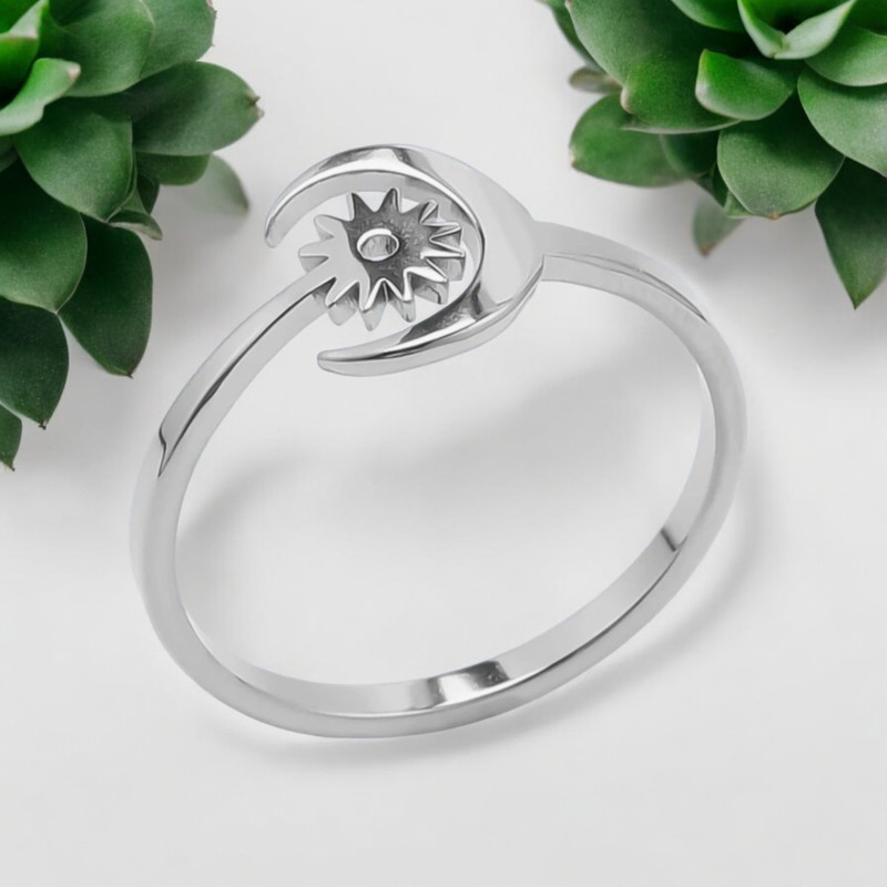 Bague ajustable argenté étoile et lune Acier
