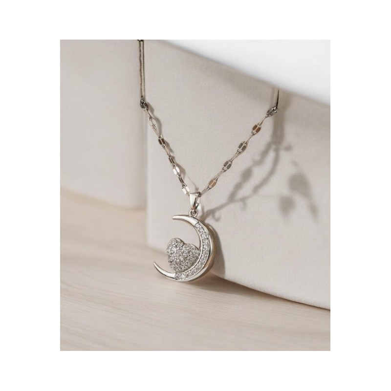 Collier argenté lune et coeur Acier