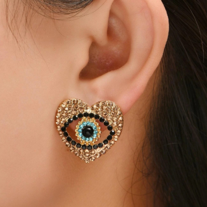 Clous d'oreilles dorés coeur avec mauvais oeil Acier