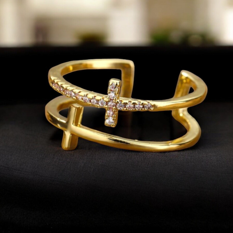 Bague ajustable dorée double croix Acier