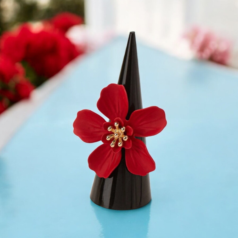 Bague ajustable fleur rouge