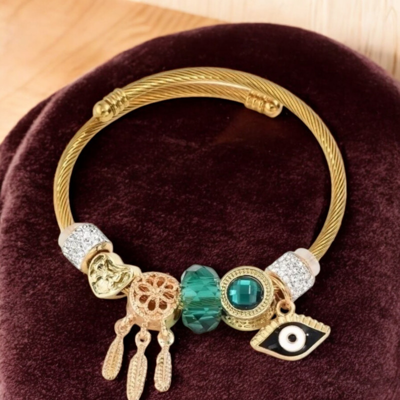 Bracelet charms doré mauvais oeil vert Acier