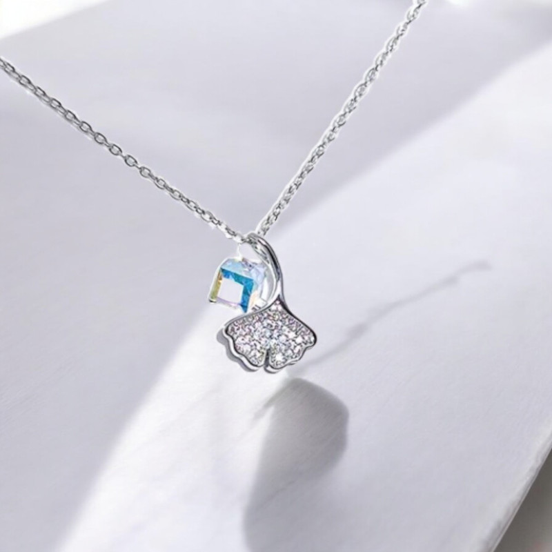 Collier argenté ginkgo et zircon Plaqué or blanc