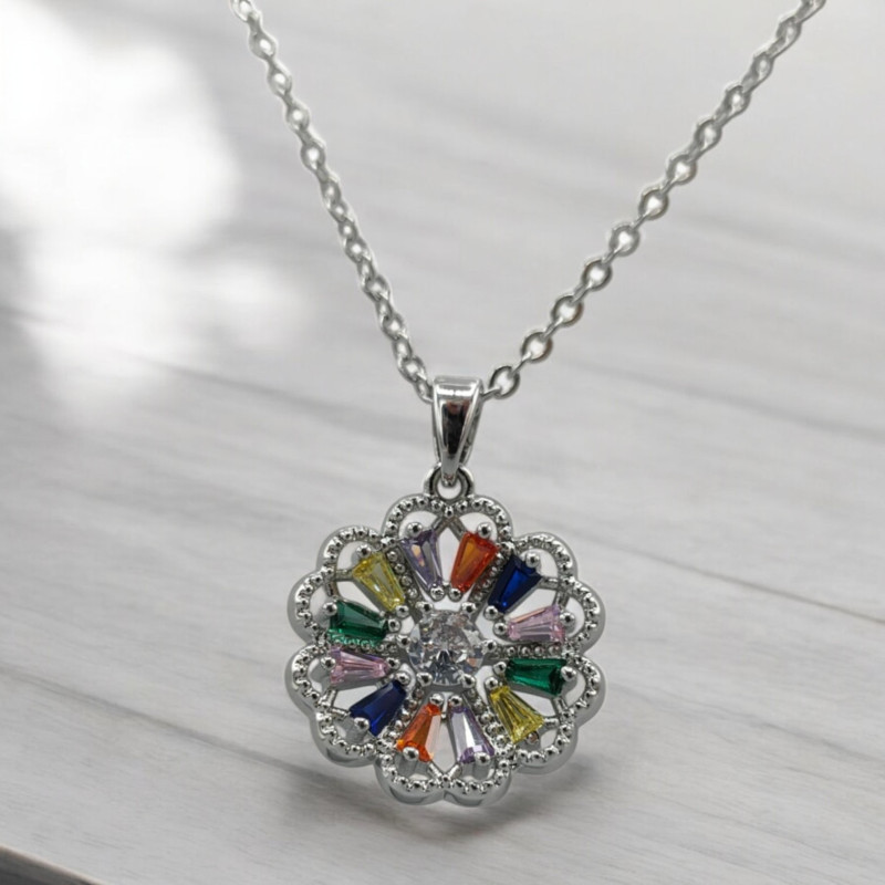 Collier argenté fleur multicolore Plaqué or blanc