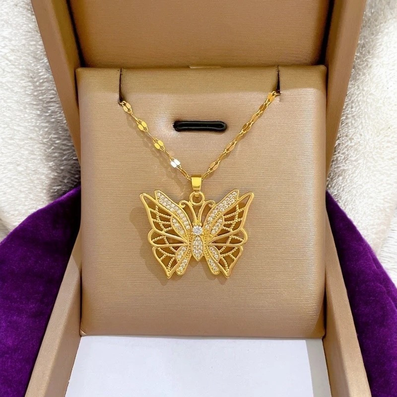 Collier doré grand papillon strass Acier